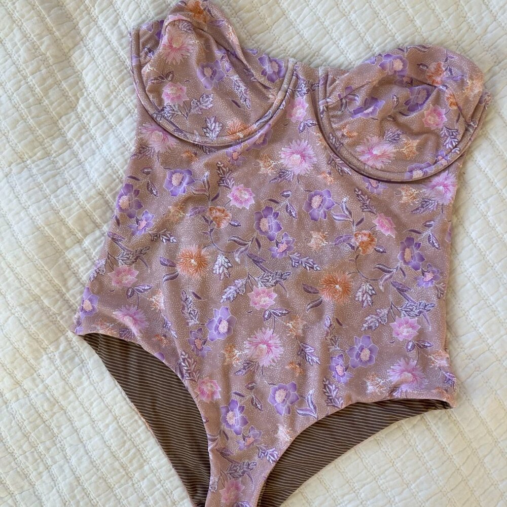 TRADE Acacia Swimwear Floral One Piece Purple Pink Strapless Bodysuit bikini